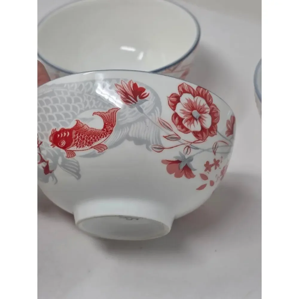 SF Marked glazed Porcelain Bowls with Red Floral&Fish Motif Japanese Set of 3
